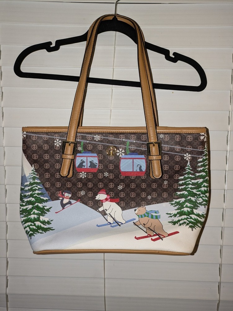 Giani Bernini Retired Holiday Tote Purse Bears Sking GUC