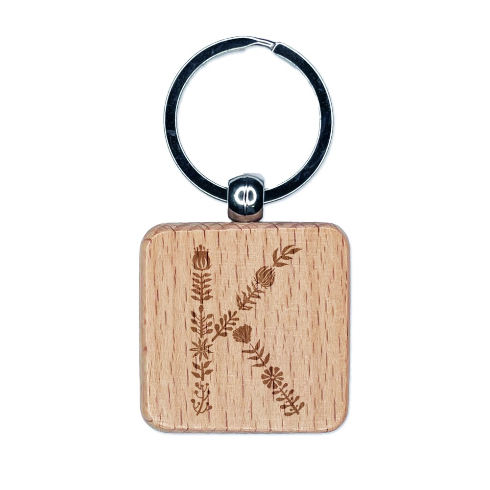 Elegant Engraved Wooden Floral Letter K Keychain Charm Tag  