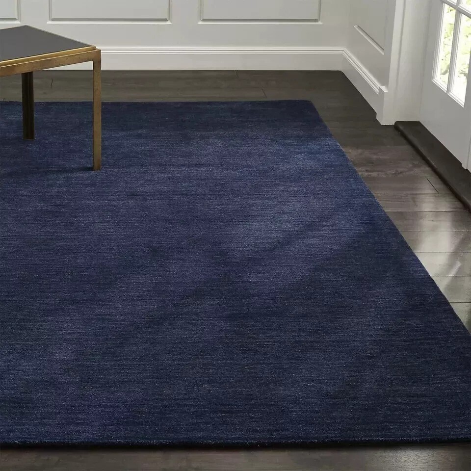 Hand Tufted Navy Blue Wool Area Rug Modern Rectangle Design