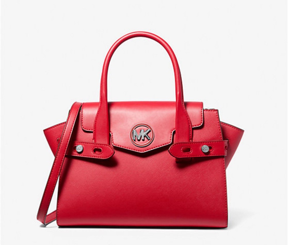 MICHAEL KORS Carmen Medium Belted Satchel Crossbody Bright Red Vegan Leather