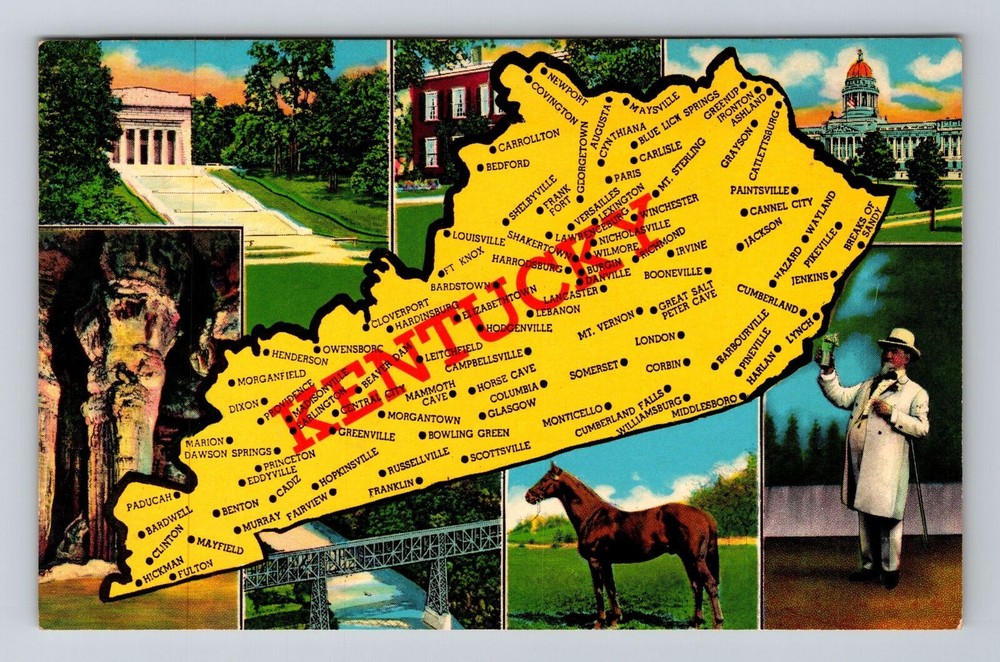 KY-Kentucky, Landmarks On Map, Scenic View, Vintage Postcard
