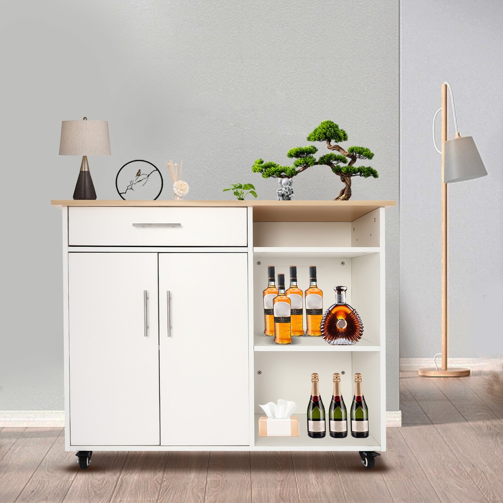 Rolling Kitchen Side Table Trolley Cart With Drawer 4 Wheels Cabinet White