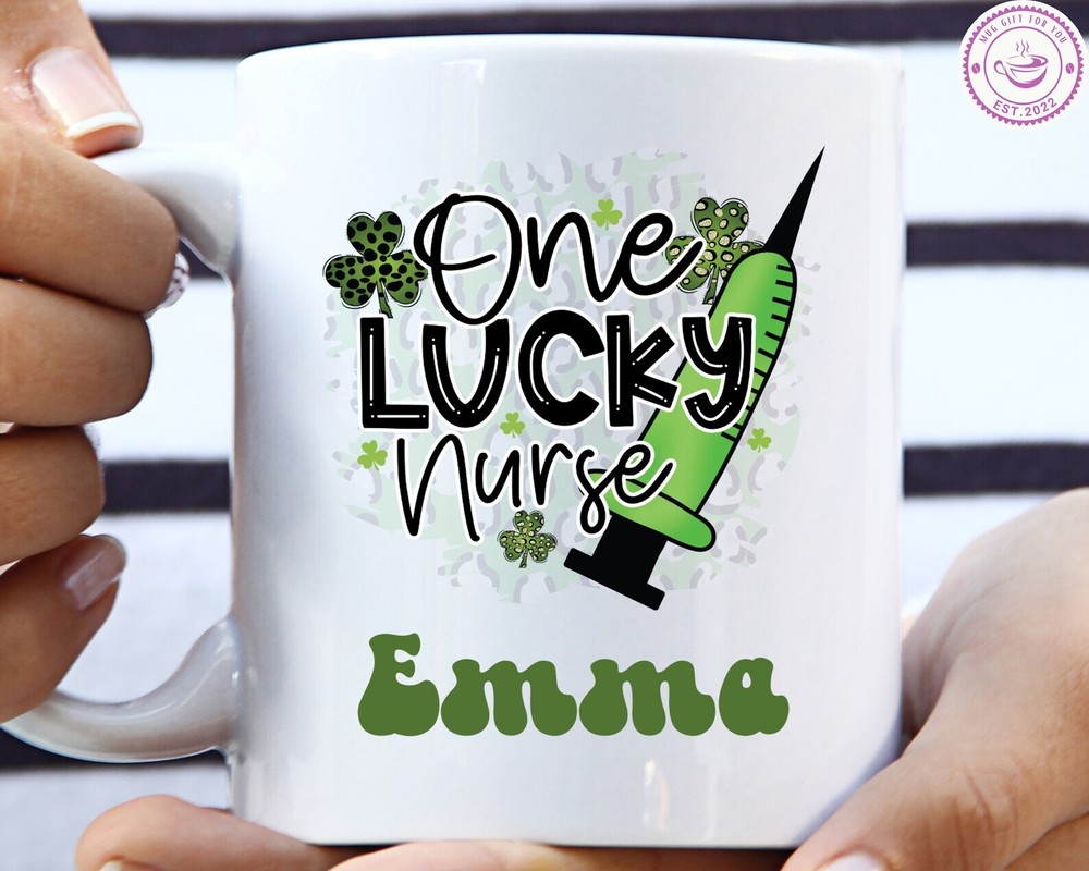 Personalized St Patricks Day Nurse Mug Irish Themed Lucky Shamrock Gift
