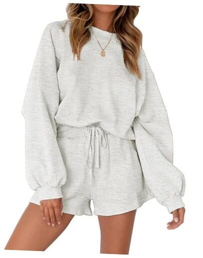 Women's 2025 Fall Oversized Batwing Sleeve Lounge Sets Medium Light Grey