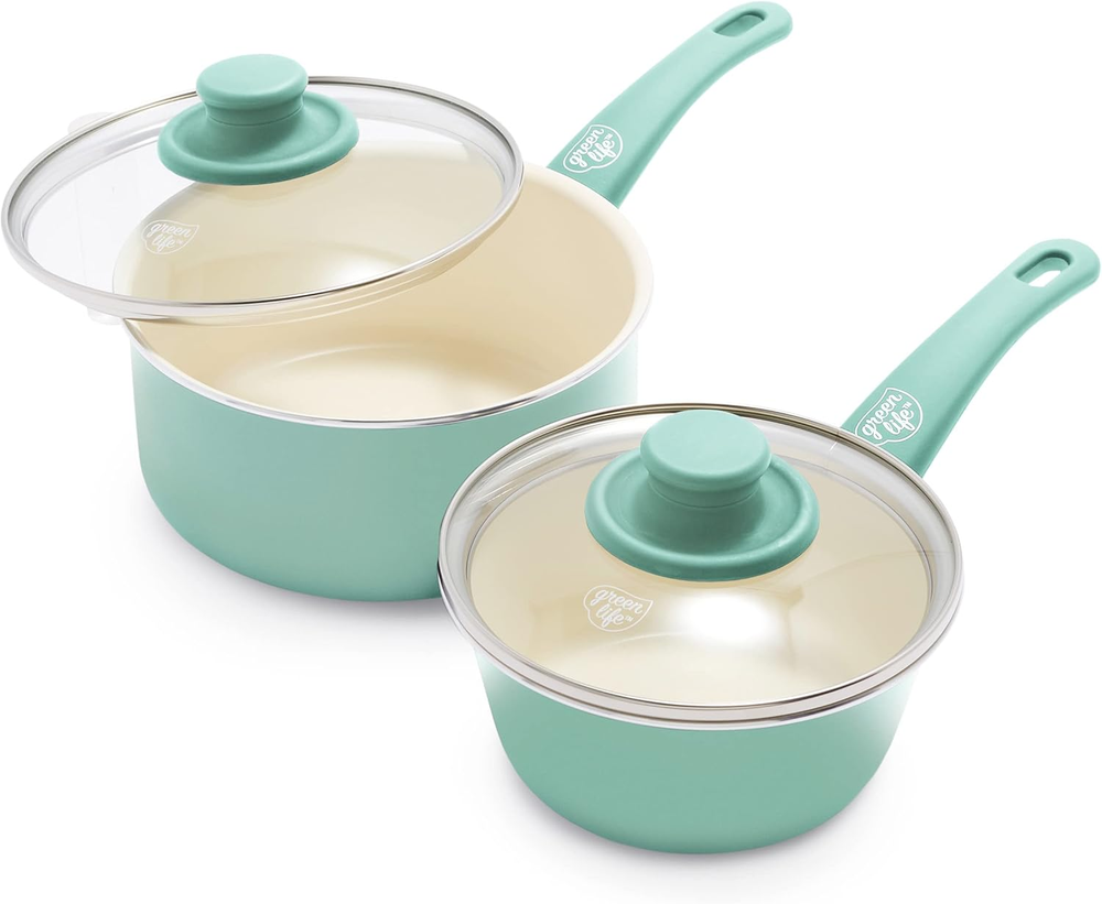 Soft Grip Healthy Ceramic Nonstick, 1QT and 2QT Saucepan Pot Set With