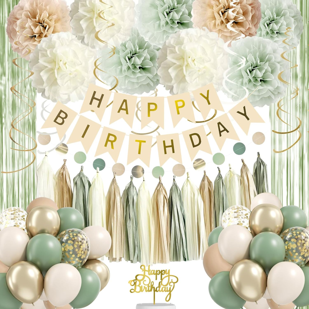 Sage Green Happy Birthday Party Decorations Banner Olive Green Nude Retro Gold B