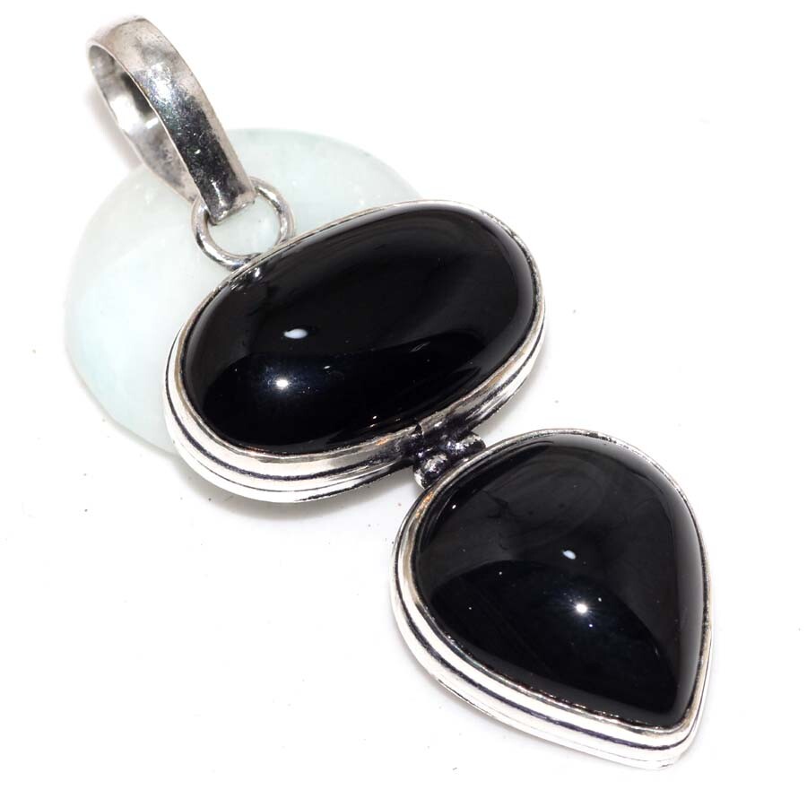 925 Silver Plated-Black Onyx Ethnic Long Handmade Pendant Jewelry 2.1