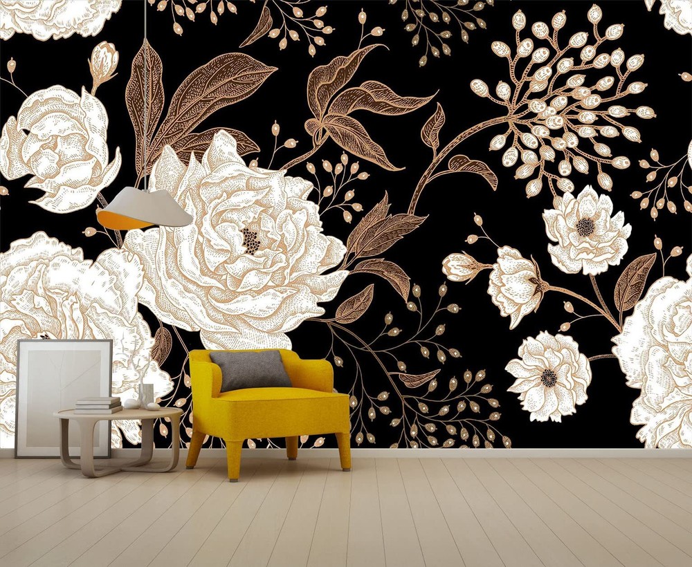 Wall Mural Peonies and Roses Floral Vintage Wallpaper Seamless Gold White Flo...