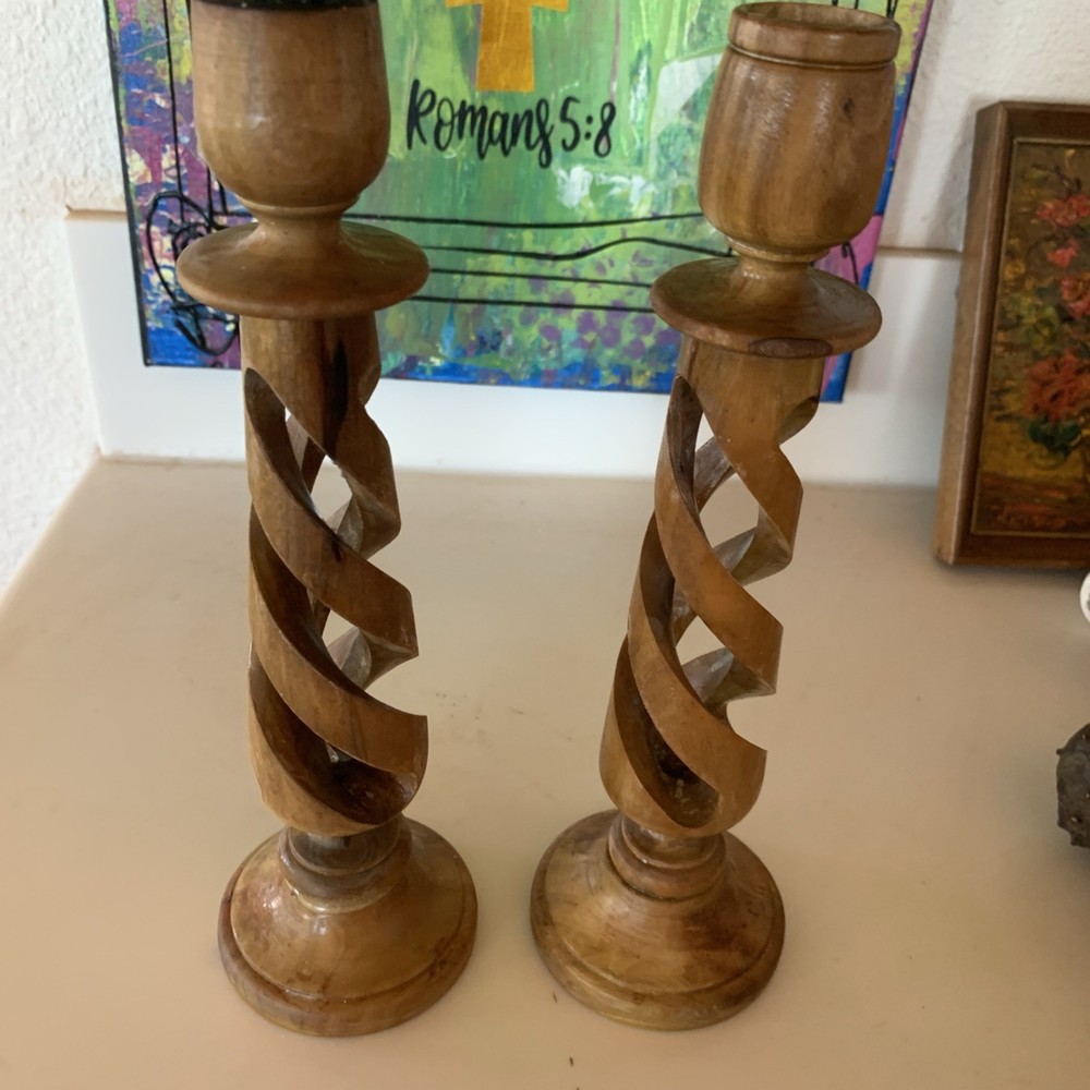 Vintage Olive Wood Barley Twist Candleholders Handmade in Bethlehem