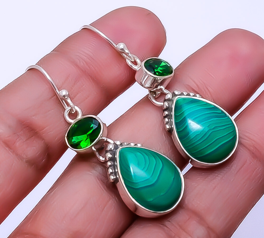 Malachite デザイナーハンドメイド925スターリングシルバーイヤリング1.72 