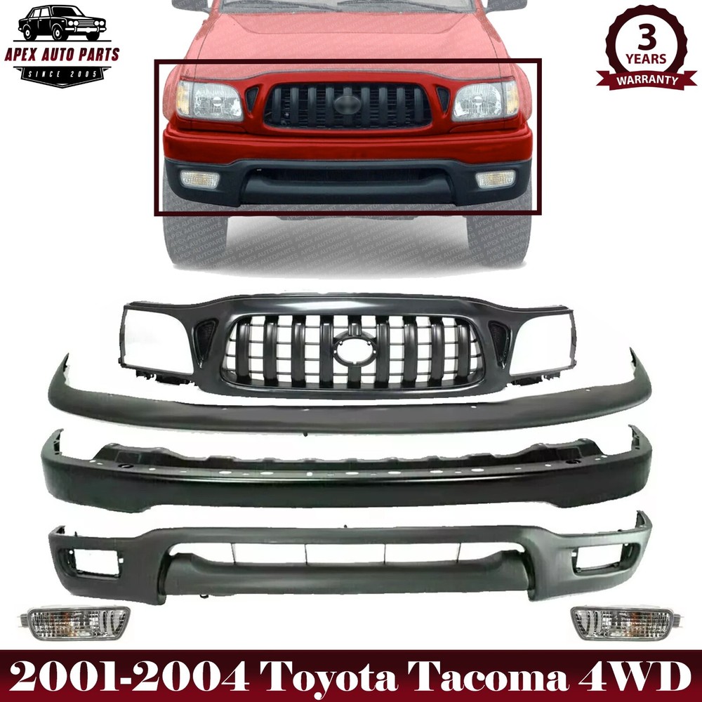 Front Bumper Primed Kit +Grille + Fog Lights LH & RH For 01-04 Toyota Tacoma 4WD