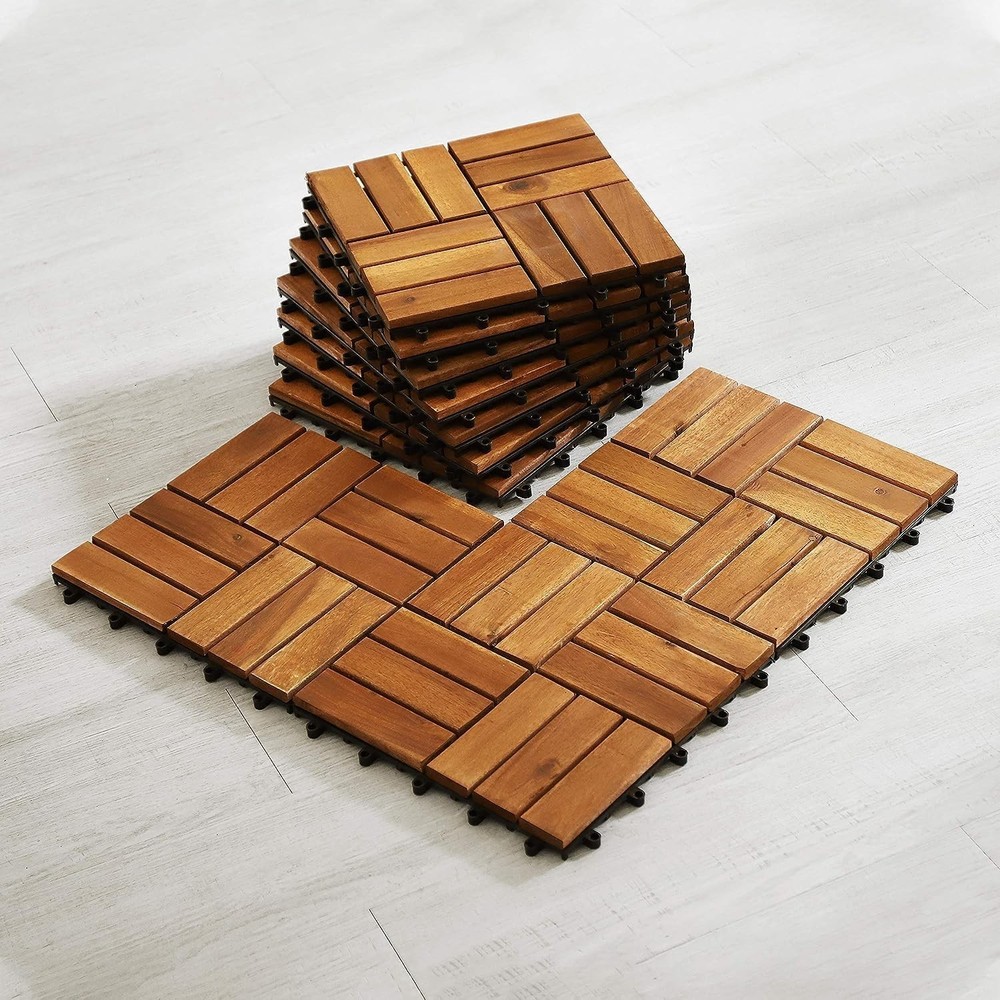 Solid Wood Interlocking Acacia Deck Tiles 12x12 Pack of 10