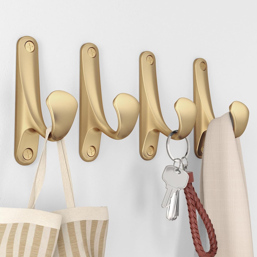 Heavy Duty Wall Hooks for Hanging 4 Pack, Gold Coat Hooks Wall Mount Holds Up...