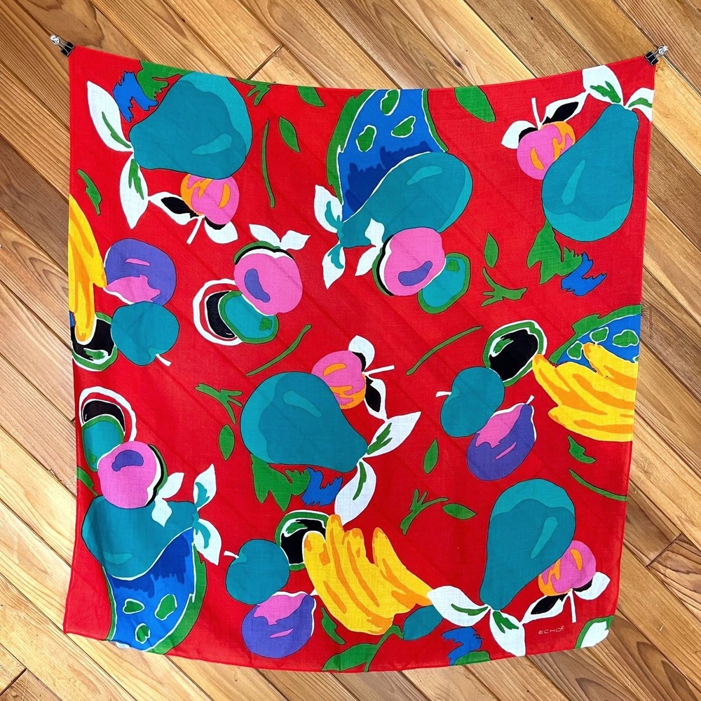 Vintage Red Rayon Scarf with Fruit Design