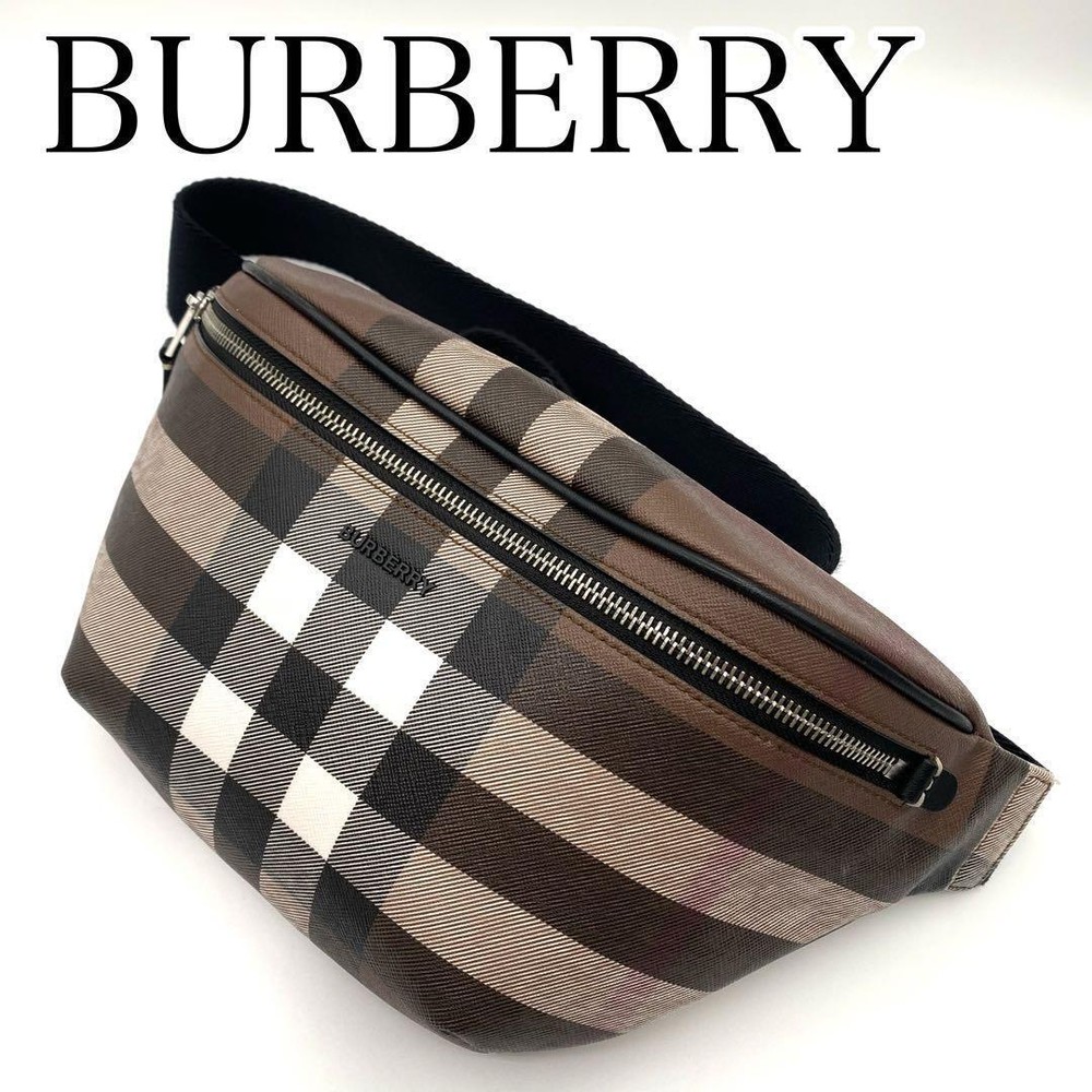 Burberry Body Bag Waist Pouch Pvc Leather Brown Plaid Pattern