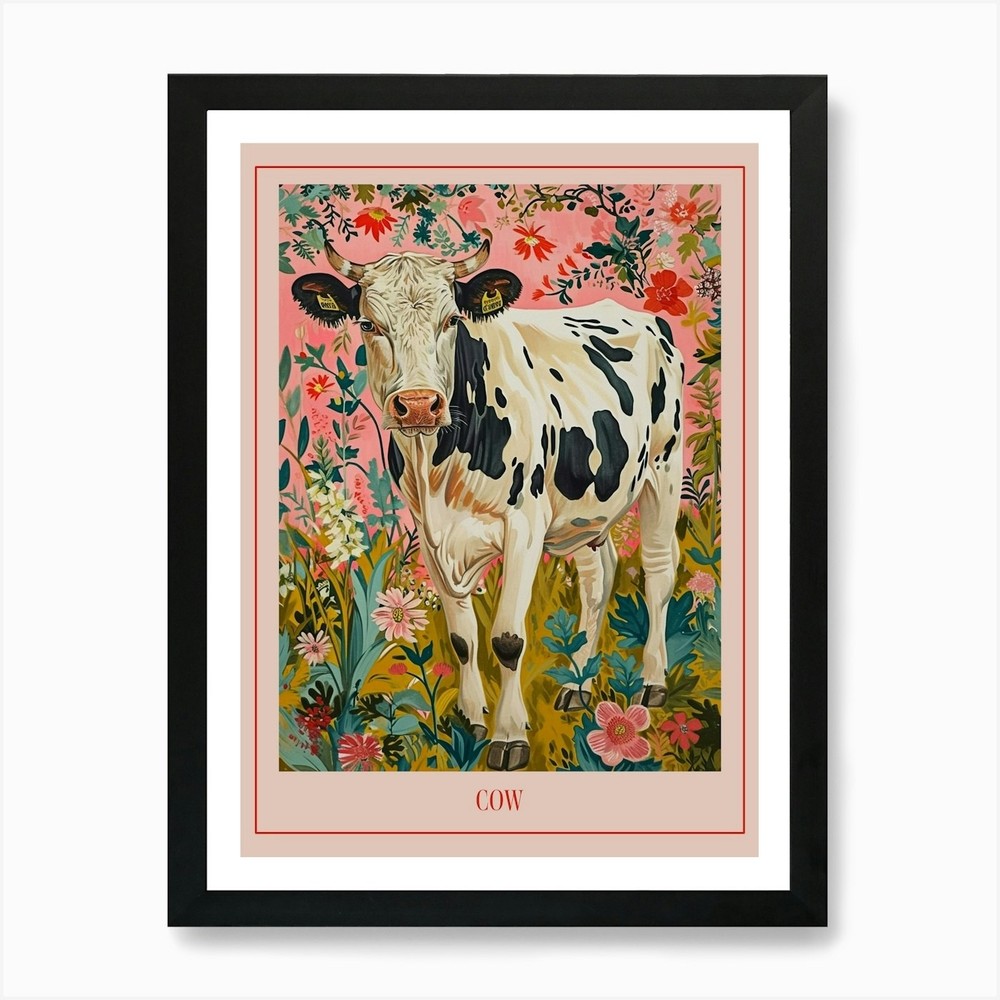 Floral Animal Painting Cow 4 Poster Framed Wall Art Poster Canvas Print Picture