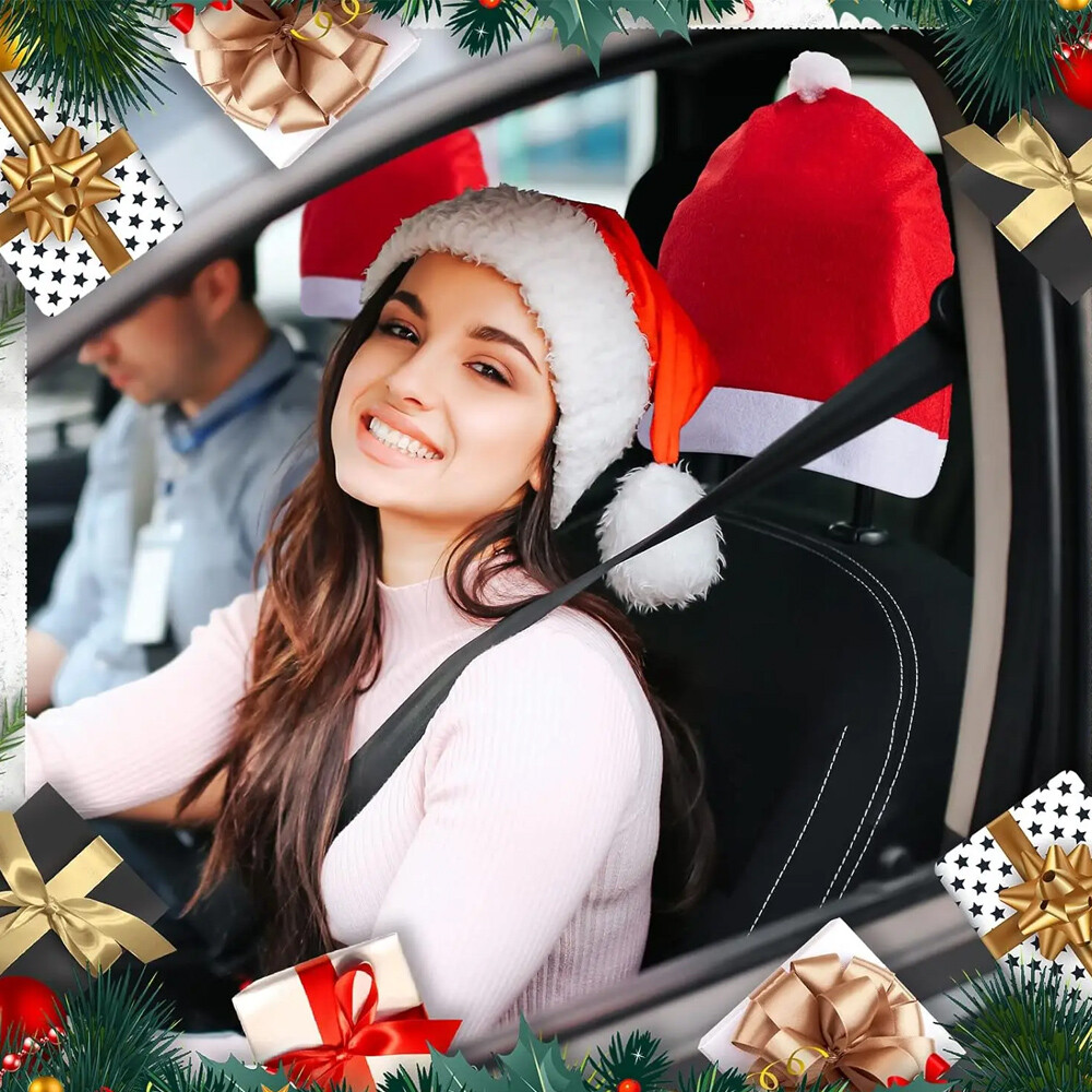 2PCS Festive Christmas Hat Car Headrest Covers for Holiday Decor