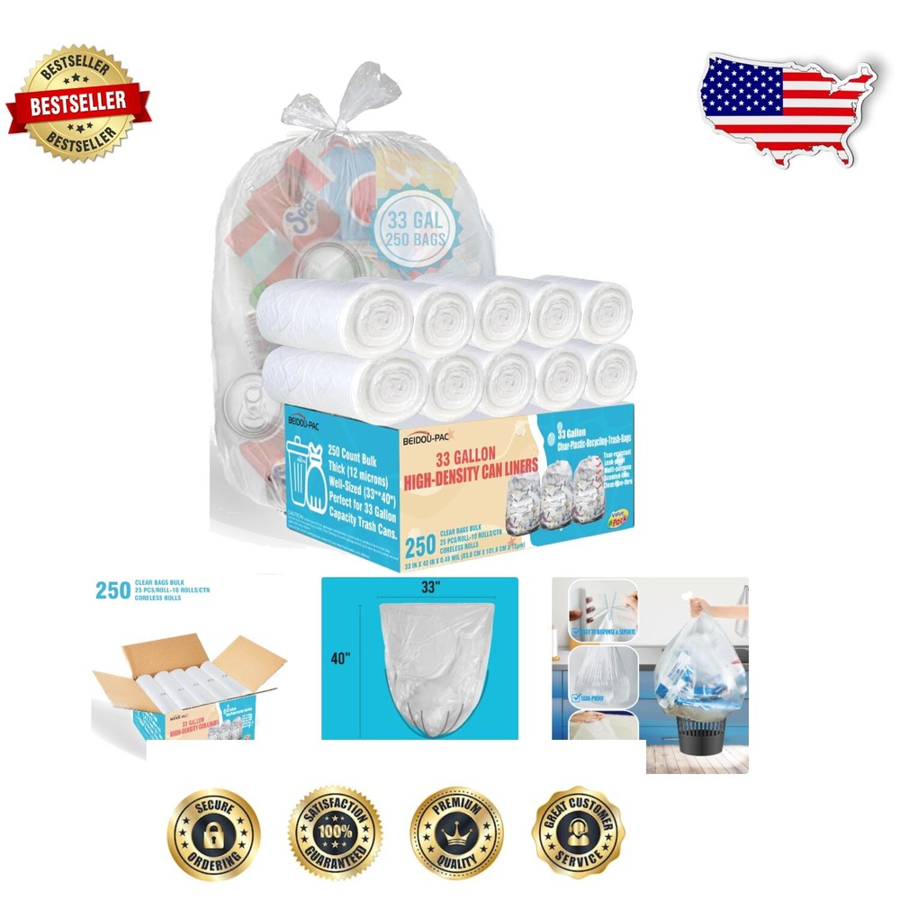 High-Density 33 Gallon Trash Liners - 250 Count for Efficient Waste Management