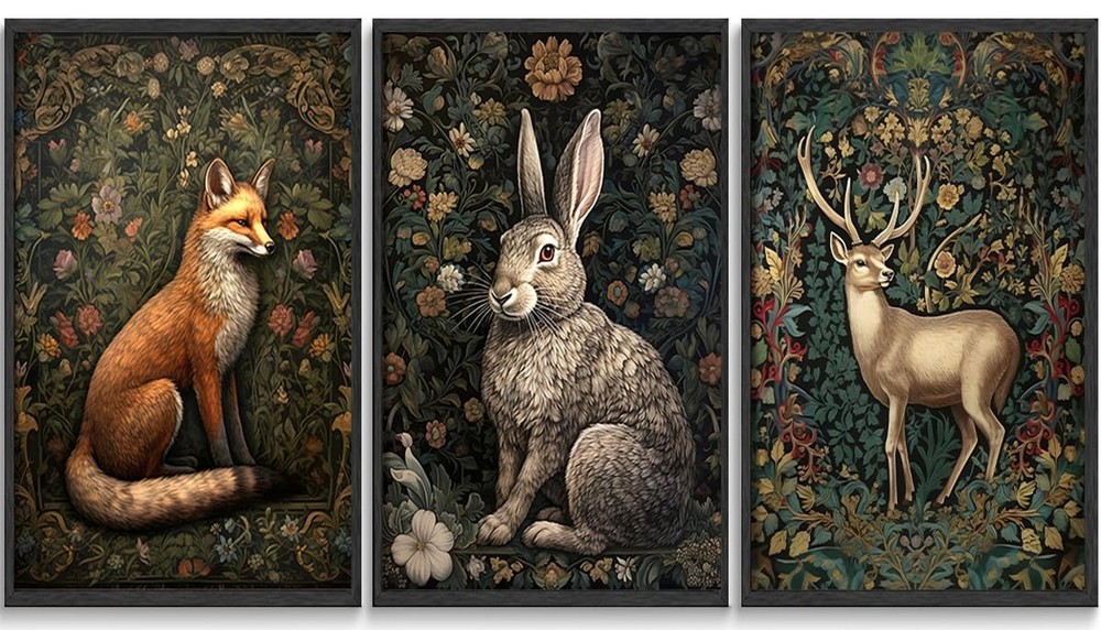 3Pcs William morris animal wall art Fox rabbit sika deer Canvas Posters Print...