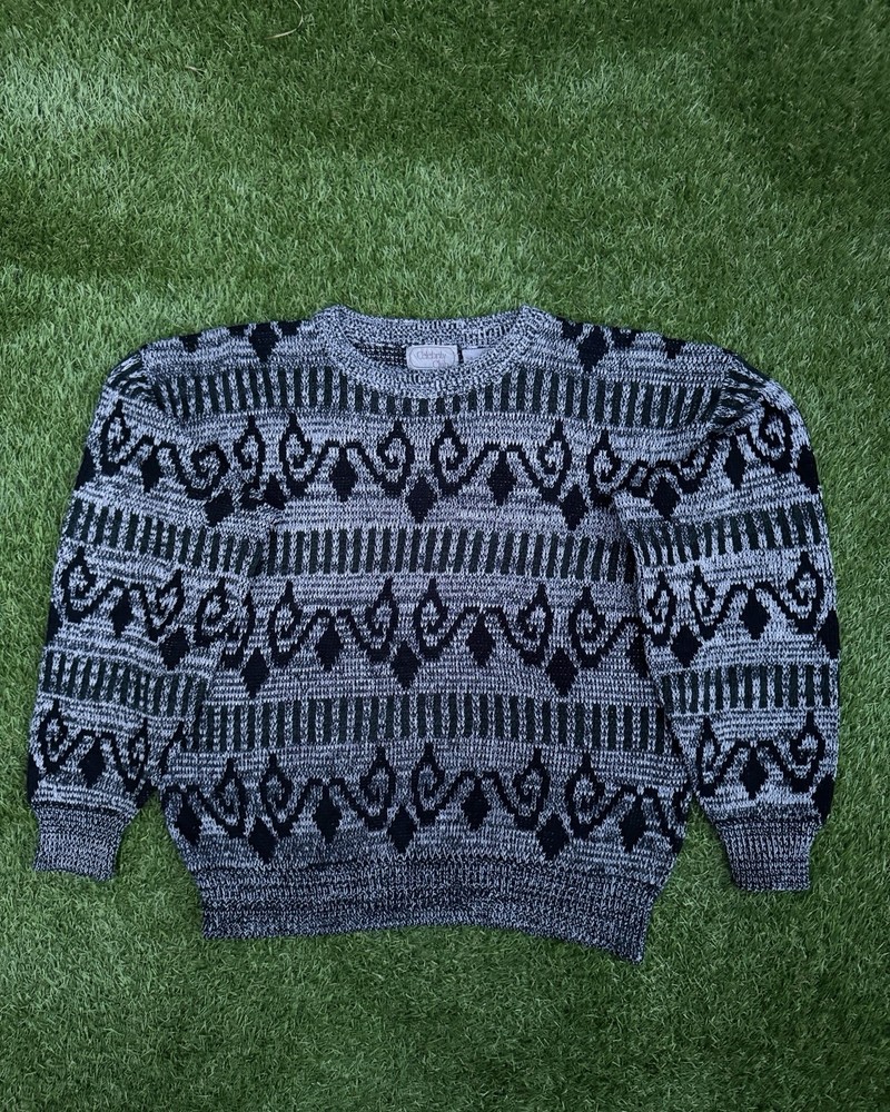 80s Vintage Black And Grey Geometric Pattern Knit Sweater
