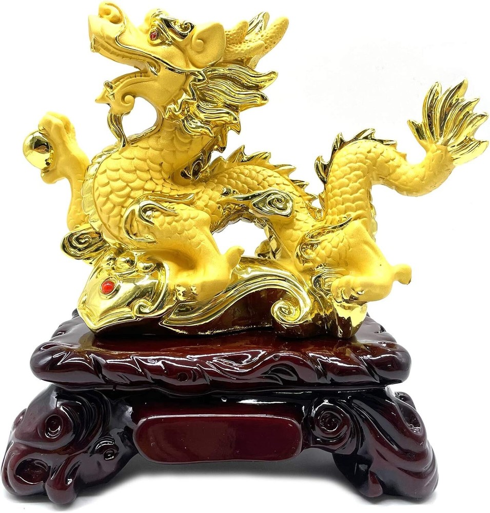 Gold Feng Shui Dragon Statue | 7.7 x 4 x 8 in | Good Luck Decor at Home & Office