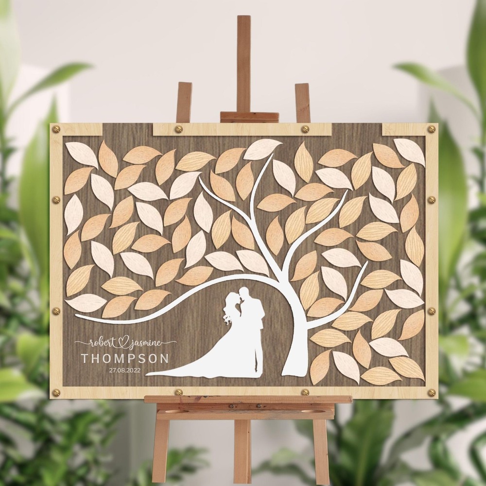 Custom Wedding Card Box with Tree of Leaves & Couple Silhouette Personalization