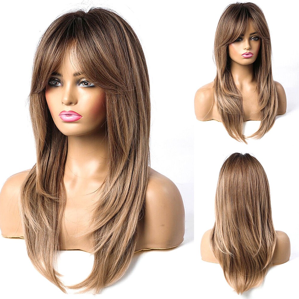 Long Straight Brown Blonde Layered Hair Wigs with Bangs For Women Cosplay Daily