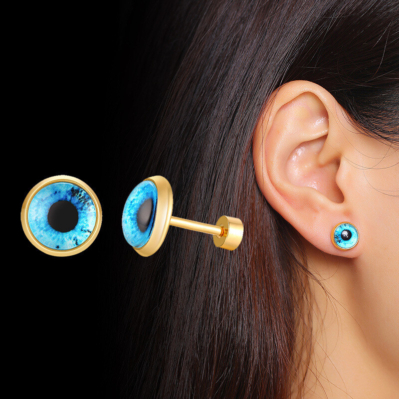 Titanium Steel Blue Eye Earrings Gold Women's Simple Fashion Jewelry Gift A Pair