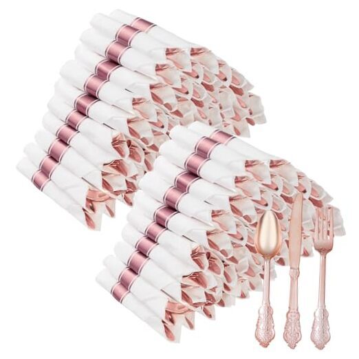 Plastic Silverware with Pre Rolled Napkins for 100 Guests, 100 Pack Rose Gold