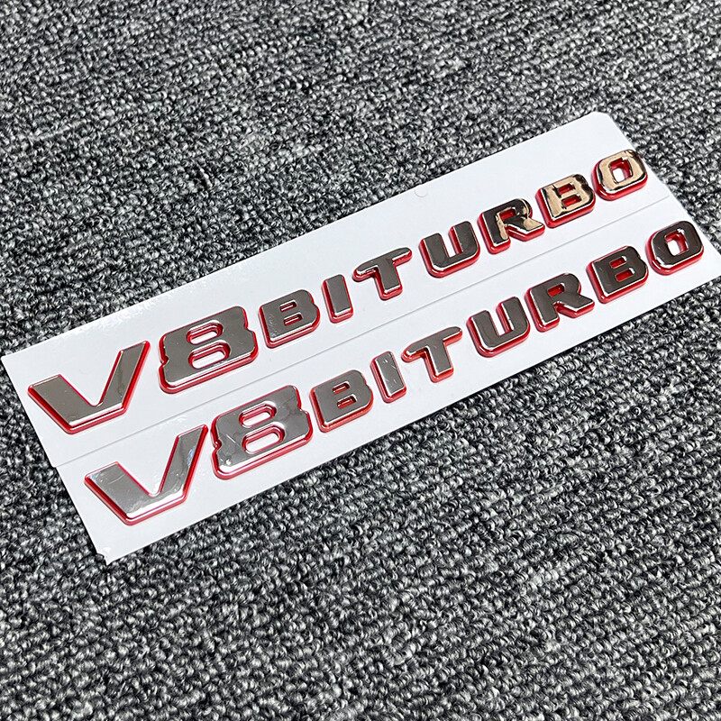 For MB AMG V8 BiTurbo Emblem CL63 E63 Side Fender Raised Gloss Red Chrome Badge