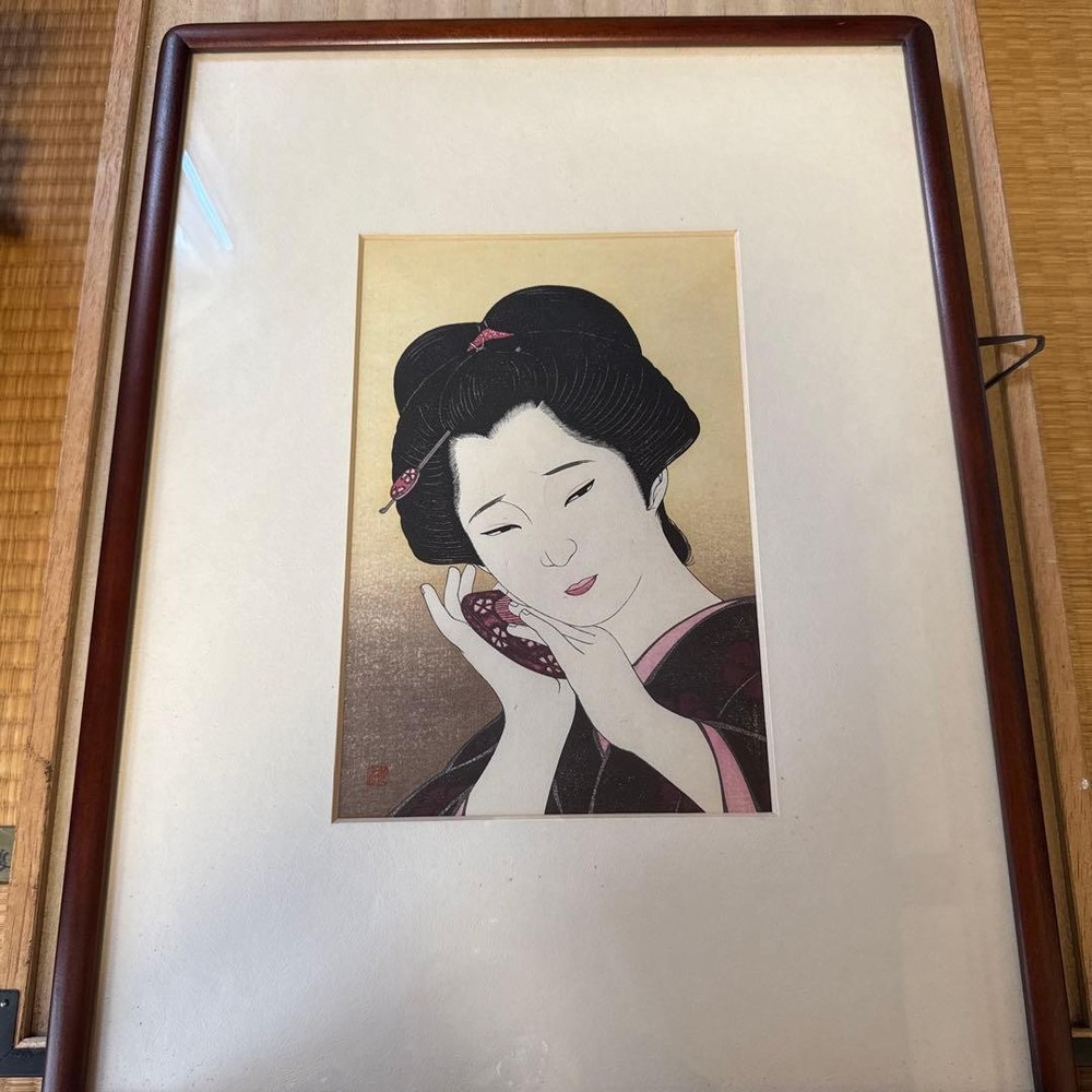 Y1220 Shusui Taki Woodblock print Ukiyoe woman painting Thoughts Limited edition