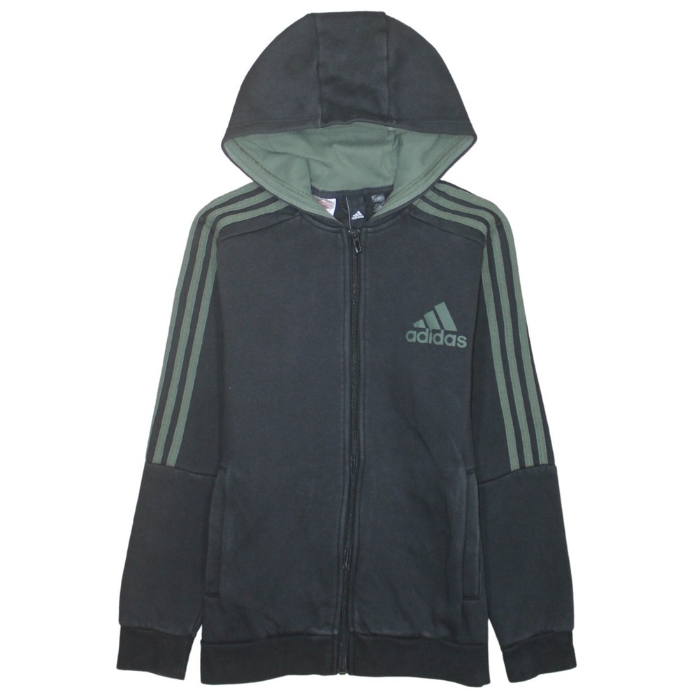 Adidas Womens Hoodie Black Full Zip Hooded Three Stripe Sleeves Logo Fleece L