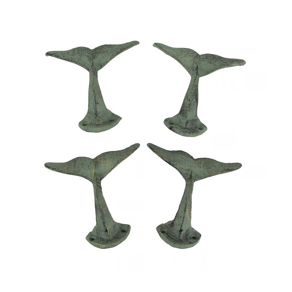 Green Verdigris Cast Iron Decorative Whale Tail Wall Hook Coastal Decor Set of 4