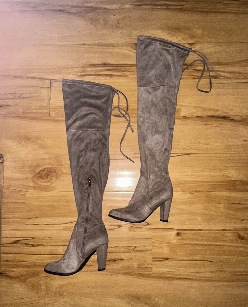 Gray Suede Thigh-high Over The Knee Hugh Heel Boots Size 7(R)