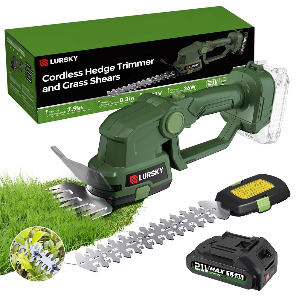 21V Cordless Hedge Trimmer and Grass Shear 2-in-1 with Battery