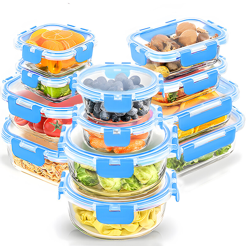 Airtight Blue Glass Food Storage Containers Microwave Safe 24-Piece Set