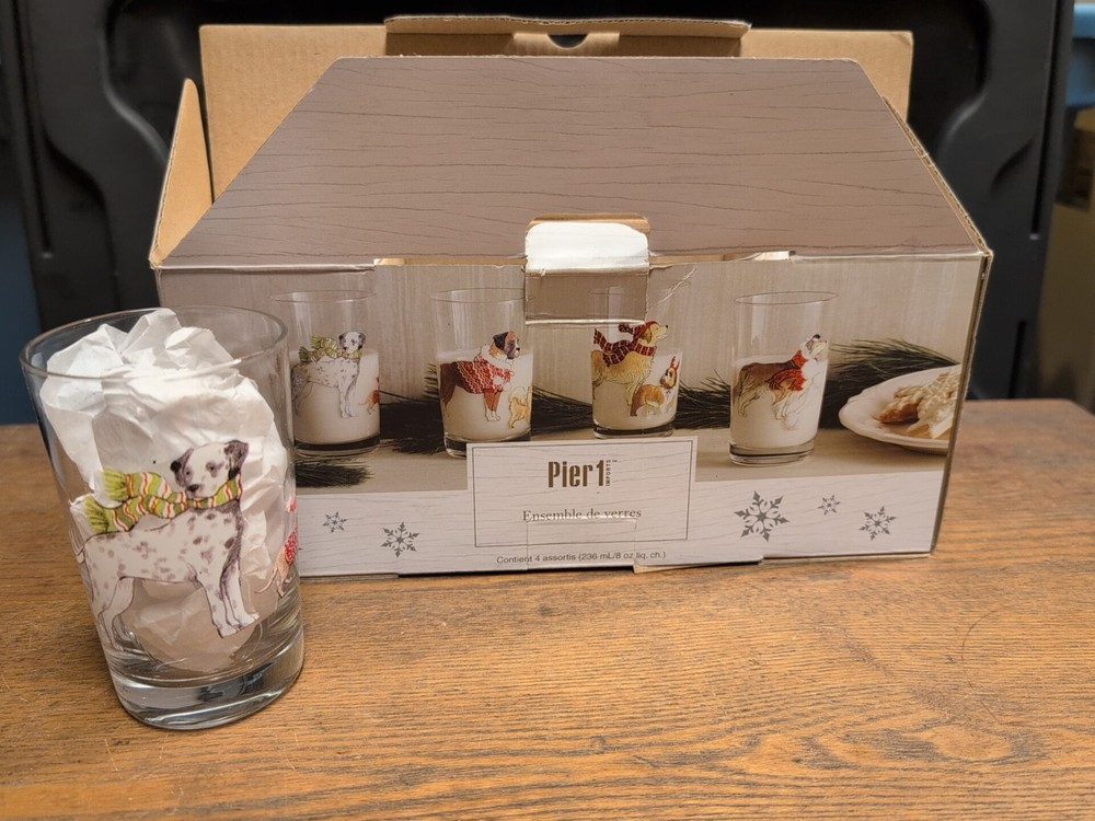 Pier 1 Imports Christmas Dogs Hand Painted Glass Tumbler Set of 4