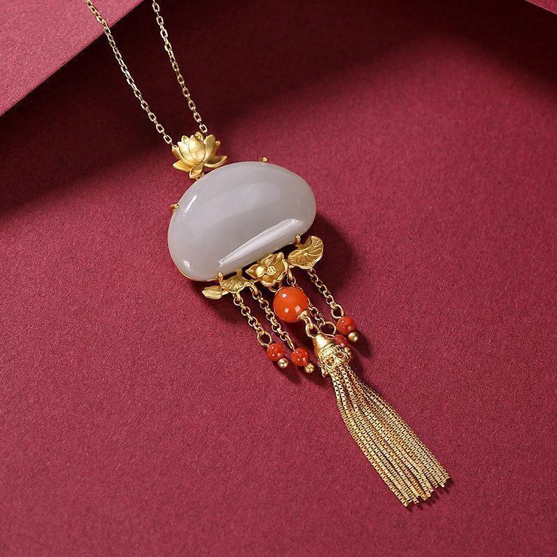 Grey Jade Lotus Pendant Natural Jewelry 925 Silver Amulet Necklace Amulets