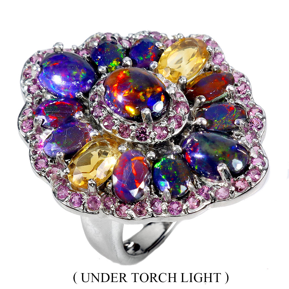 925 Sterling Silver Oval Black Opal Ring with Citrine Garnet Gemstone Jewelry