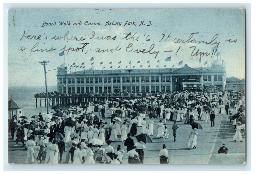 1908 Boardwalk And Casino Crowded Asbury Park New Jersey NJ Antique Postcard
