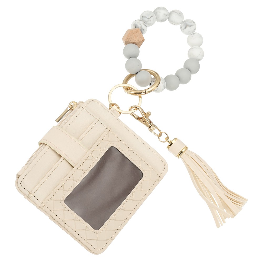 Keychain Wristlet Wallet, Leather RFID Blocking Credit Card Holder, Beige