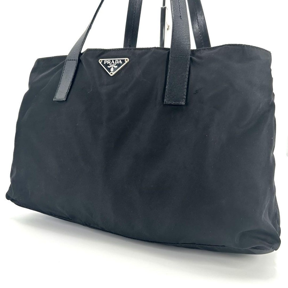 Prada Tote Bag Triangle Logo Plate Nylon Leather Black