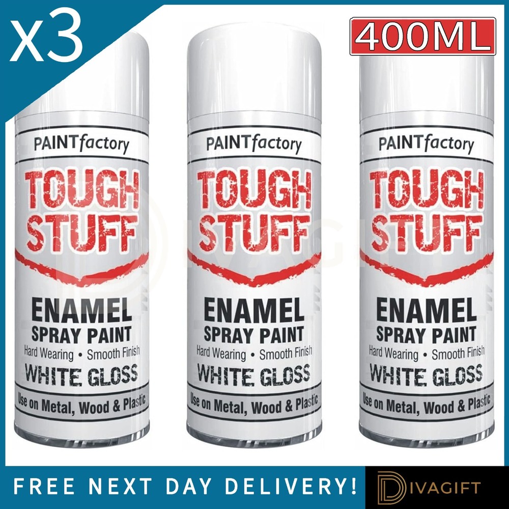 3 x 400ML ENAMEL WHITE GLOSS SPRAY PAINT WOOD METAL PLASTIC CRAFT TOUGH STUFF