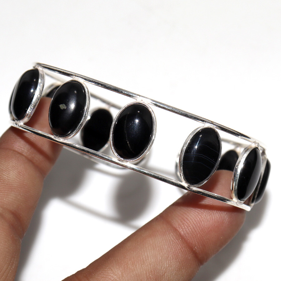 Black Onyx 925 Silver Plated Oval Bangle FreeSize Handcrafted Gift JW
