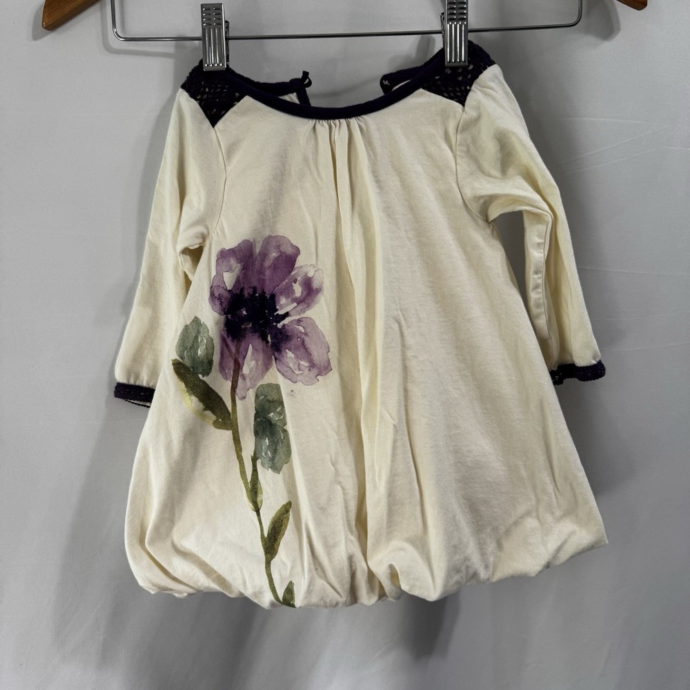 Burt's Bees Organic Baby Girls Dress Cream Purple Flower Bubble Skirt 6m 9m