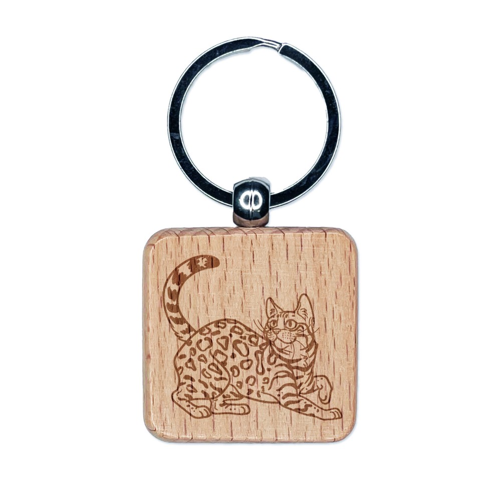 Bengal Cat Wood Keychain Charm with Engraved Design  