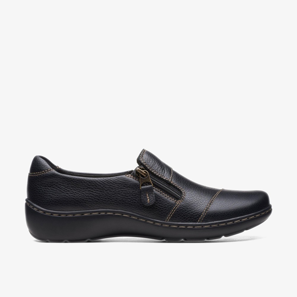 Clarks Womens Cora Harbor Black Leather Loafers,Slip Ons Leather Casual