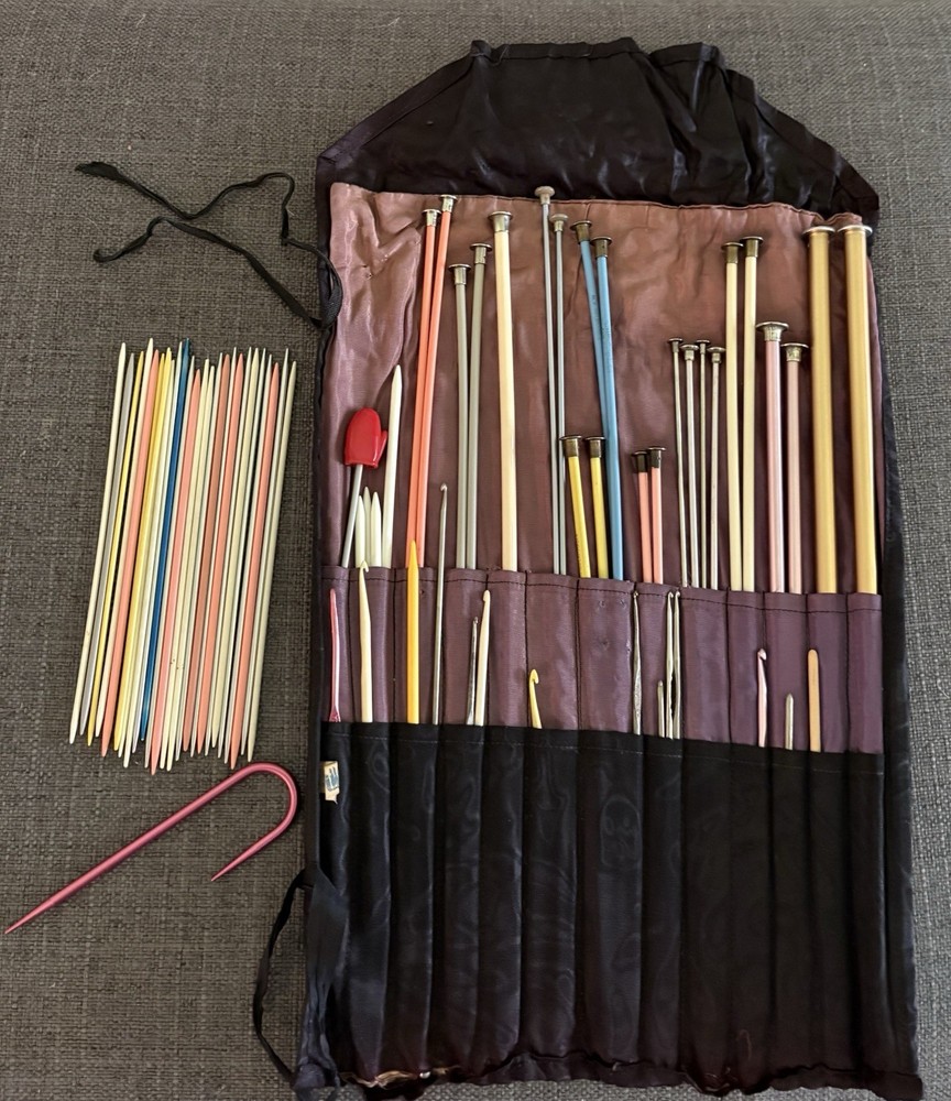 Vintage Knitting & Crocheting Needles Large Lot with Fabric Roll Case