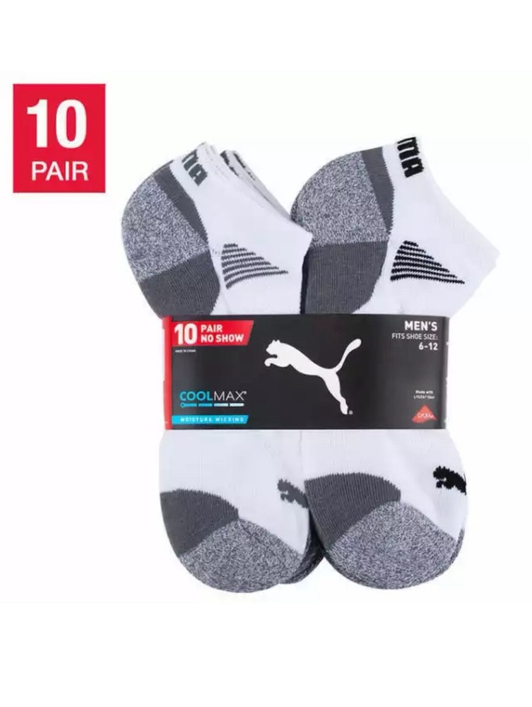 PUMA Men's Coolmax No Show Socks, 10-Pair, Moisture-Wicking, Arch Support