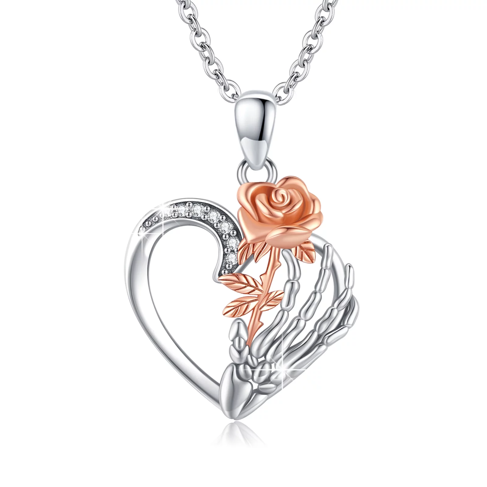 Sunflower Necklace 925 Sterling Silver Skeleton Hand Heart Pendant Necklaces Bir
